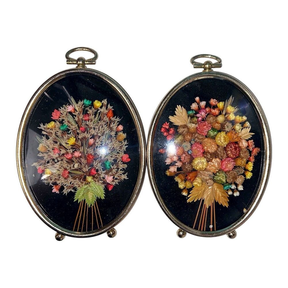 Vintage Framed Dried Flower Art Oval Easel Frames Pair- 5”